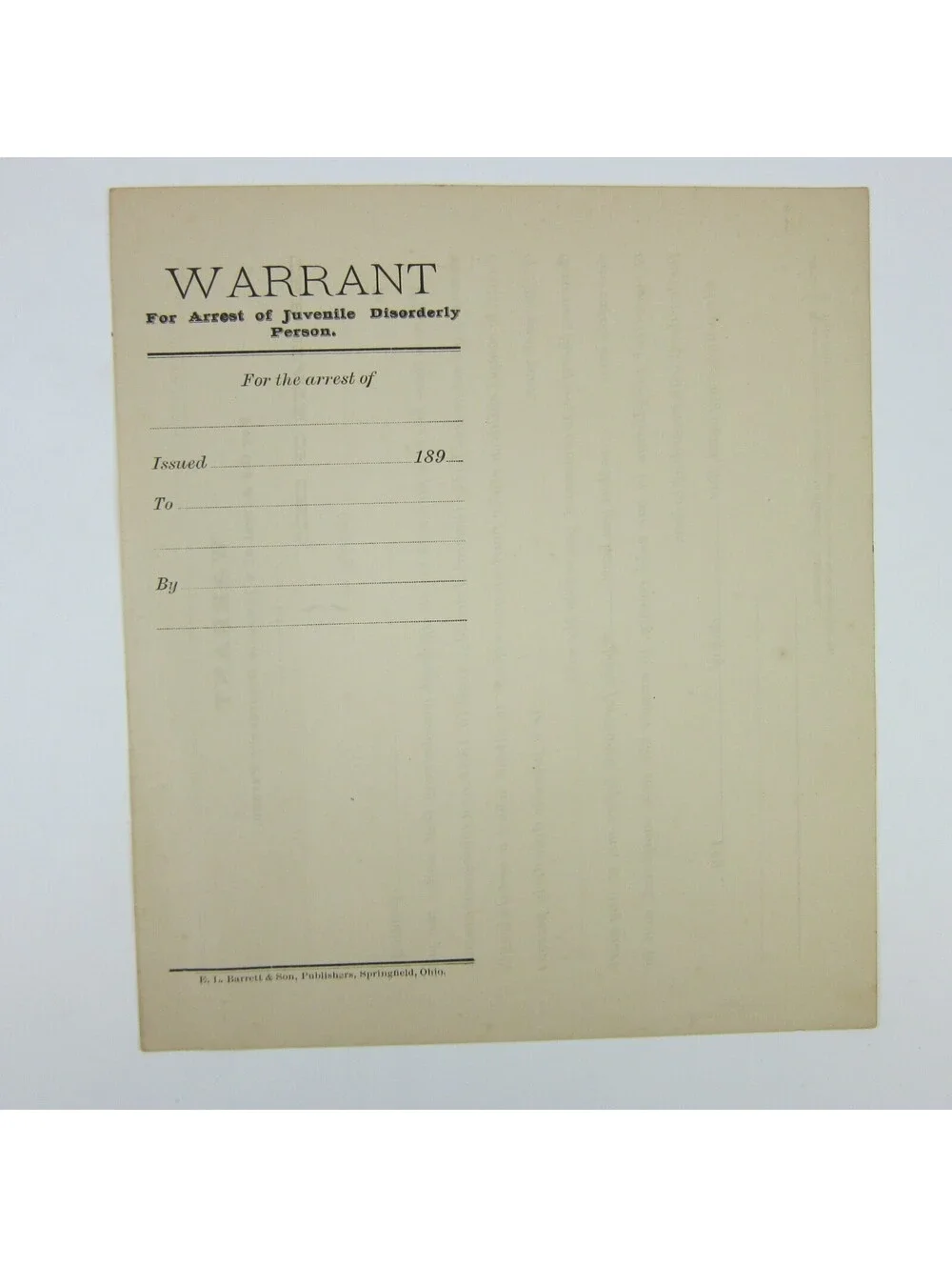 Antique 1890s Ohio Arrest Warrant Juvenile Disorderly Police Record Form Blank